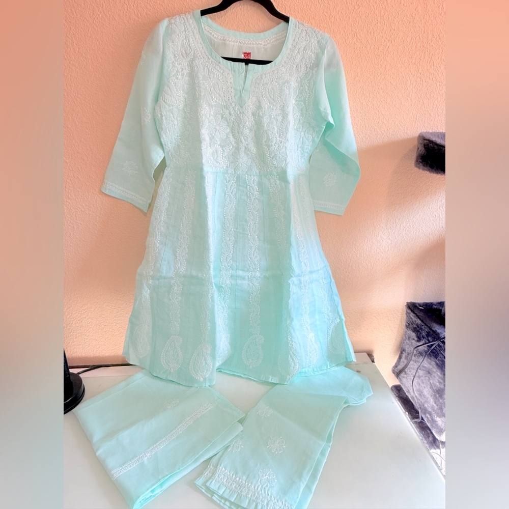 New lucknawi chickenkari girl Dress in Light sea green